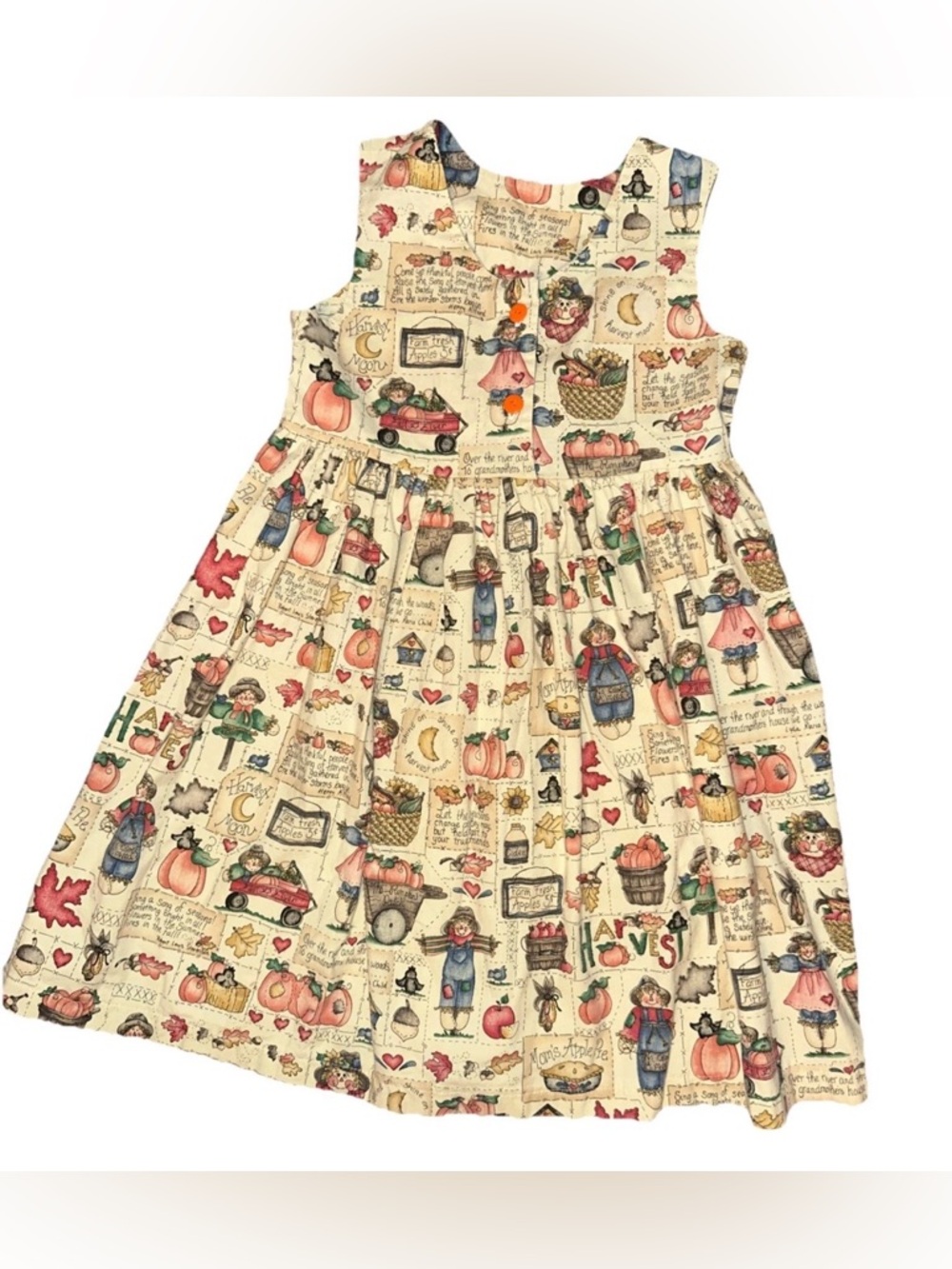 Vintage Girls 4/5 Jumper Dress Fall Harvest All Over Print Pumpkin Leaves Autumn
